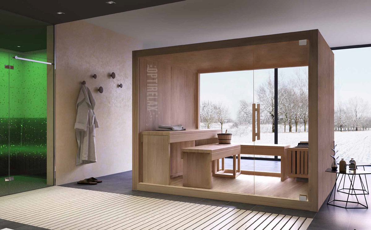 Panorama-Indoor-Sauna-mit-GLasfronten-Sauna-mitten-im-Raum-OPTIRELAX